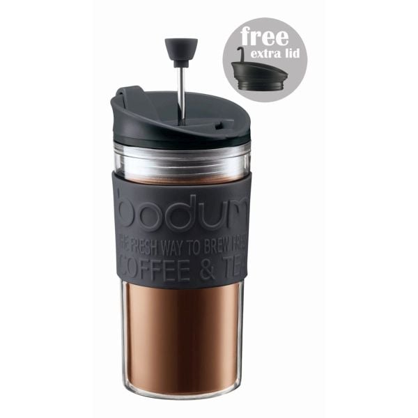 BODUM TRAVEL PRESS SET COFFEE MAKER WITH EXTRA LID, 0.35 L, 12 OZ - BLACK