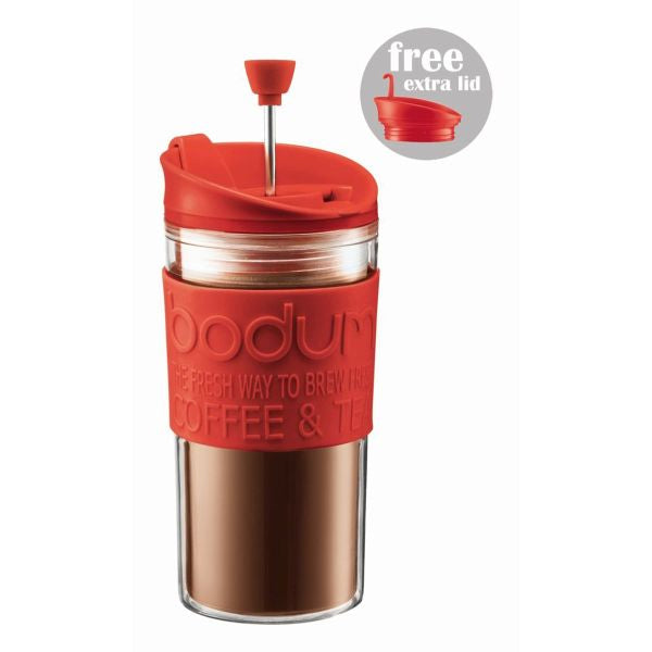 BODUM TRAVEL PRESS SET COFFEE MAKER WITH EXTRA LID, 0.35 L, 12 OZ - RED - The Coffee Machine Collective